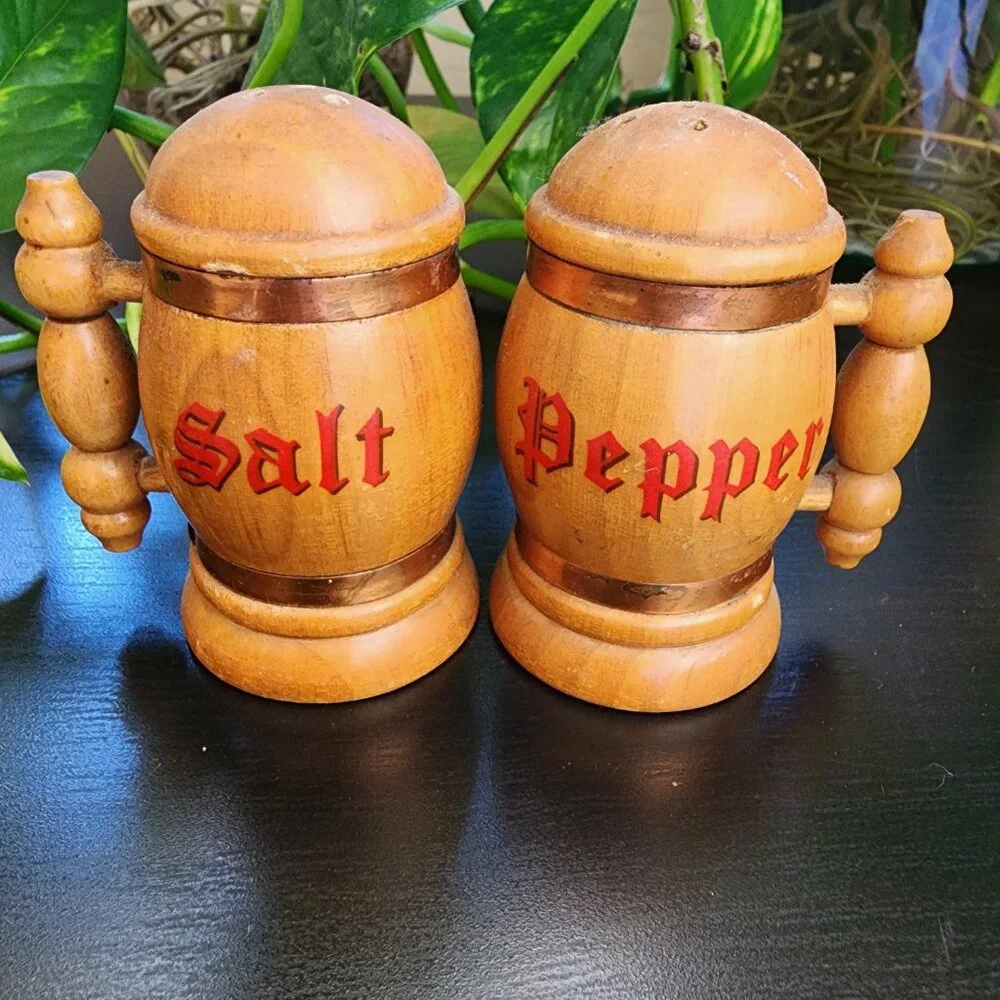 Vintage Beer Stein Mug Handled Copper Accent MCM Wood Salt and Pepper Shakers